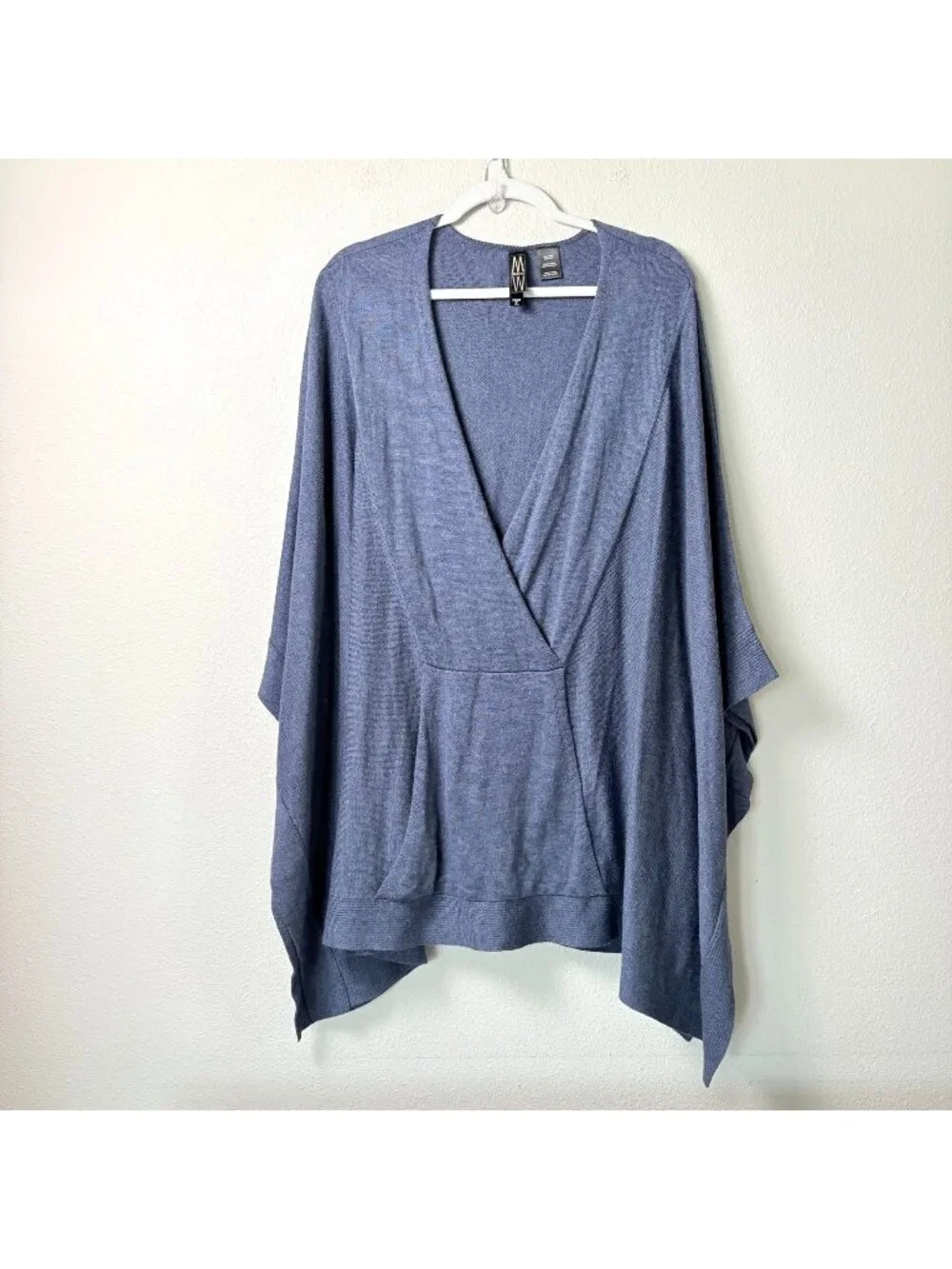 Maria Wynne Sweater Poncho‎ Womens 2X 3X Blue V Neck Kimono Sleeve Oversized